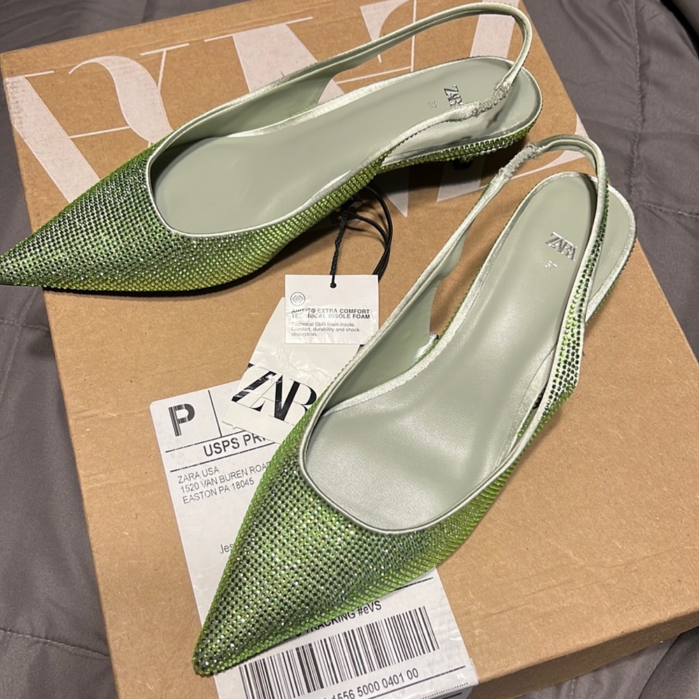 Zara Rhinestone Green kitten heels